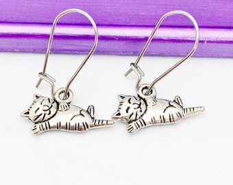 Silver Black Cat Earrings, Hypoallergenic, Dangle Hoop Lever-back Earrings, L462