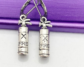 Silver Fire Fighter Earrings, Fireman Fire Extinguisher, Hypoallergenic, Dangle Hoop Lever-back Earrings, L475