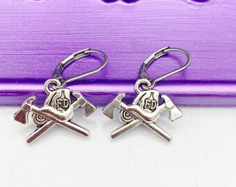 Silver Fire Fighter Earrings, Fireman Fire Axe Hat, Hypoallergenic, Dangle Hoop Lever-back Earrings, L477