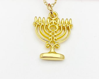 Menorah Necklace, Gold Candlestick Charm Peace Jewelry Gift,  L735