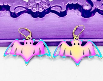 Halloween Bat Earrings, Hypoallergenic, Dangle Hoop Lever-back Earrings, L486