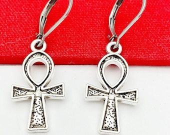 Ankh Egypt Cross Earrings, Silver Earrings, Stainless Steel Hypoallergenic Earrings, L612