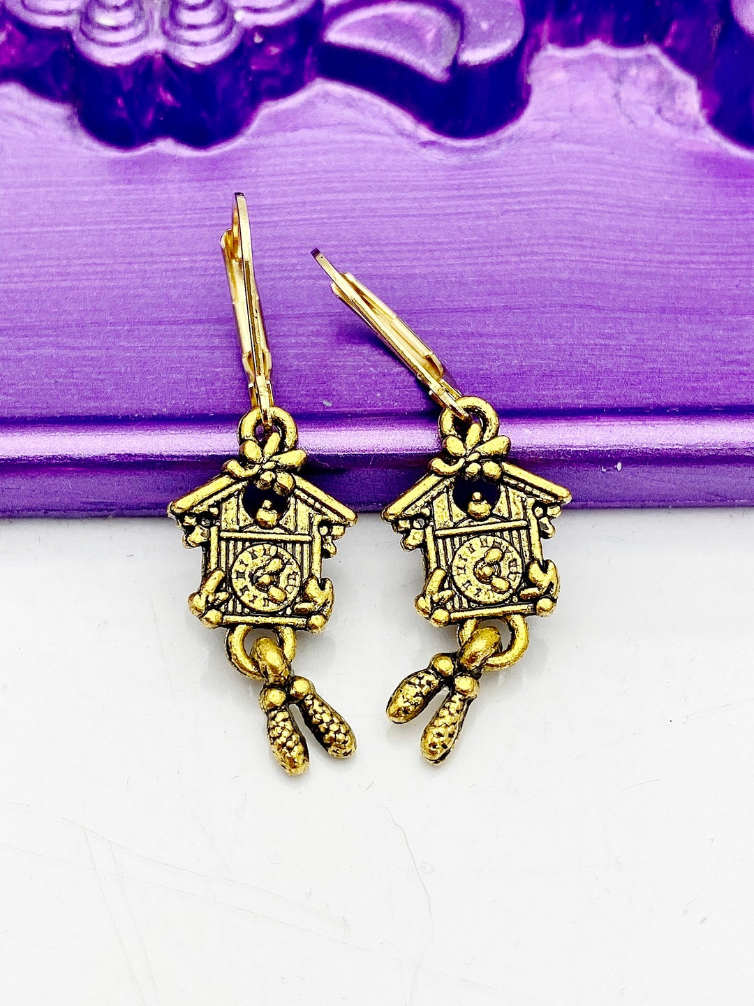 Cuckoo Clock Earrings, Hypoallergenic Earrings, Gold Cuckoo Clock Charm