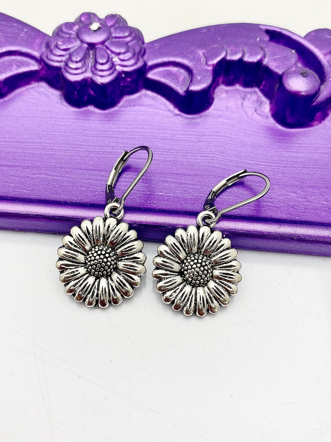 Sunflower Earrings, Hypoallergenic Earrings, Silver Sunflower Charm
