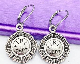 Silver Fire Fighter Earrings, Hypoallergenic, Dangle Hoop Lever-back Earrings, L474