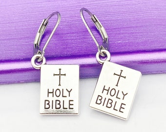 Holy Bible Earrings, Hypoallergenic, Dangle Hoop Lever-back Earrings, L482