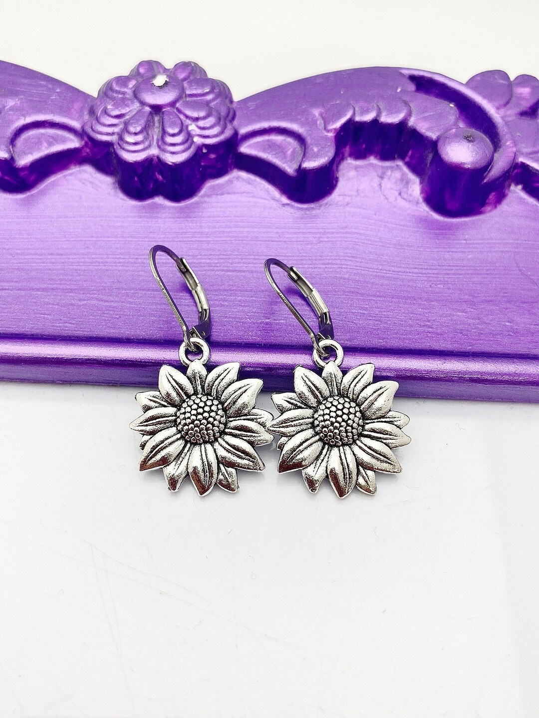 Sunflower Earrings Hypoallergenic Earrings Silver Sunflower Etsy