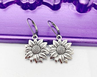 Sunflower Earrings, Hypoallergenic Earrings, Silver Sunflower Charm, Sunflower Jewelry Gift, Dangle Hoop Leverback Earrings, L204