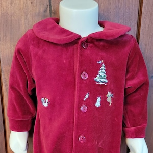 Red Velvety Christmas Baby Bodysuit with Peter Pan Collar and Embroidered Woodland Critters by Talbots Kids, Size 6M