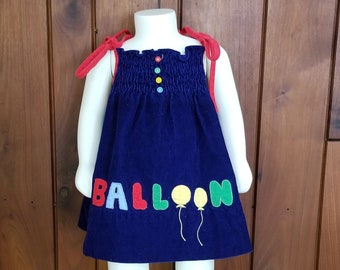 Girls' Blue Corduroy Balloon Dress with Red Tie Sleeves, Tags Removed