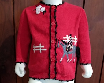 Red Equestrian Horse Preppy Baby Cardigan by Hartstrings, Size 6-9M