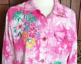 Pink Tie-Dye Jacket with Tropical Beachy Sequin Embroidery by DG2 by Diane Gilman, Size M