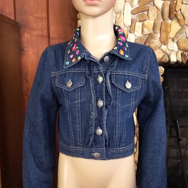 Girls' Denim Jacket with Colorful Floral Embroidery on Collar by Nannette Kids, Size 6X (Girls)