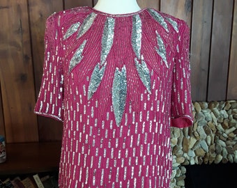 Pink and Silver Sequined and Beaded Blouse, Size L