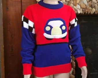 Red and Blue Kid's Car Sweater with Checkerboard Accents by Full Fashioned Grand Knit Wear, Size S (4/5) Kids