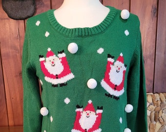 Soft Green Sweater with Chubby Little Santas and Pom Pom Snowballs by Susan Bristol, Size L