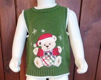 Green Baby Sweater Vest with Christmas Teddy Bear in a Santa Hat by Greendog, Size 12M