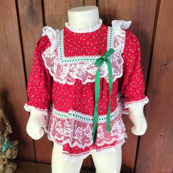 Red Tissue Box Cover Style Baby Christmas Dress or Top with Lace and Ribbon by Bryan, Size 0-3M