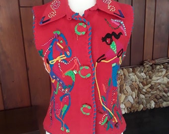 Red Beaded Cowboy Horse Vest by Michael Simon New York, Size 2