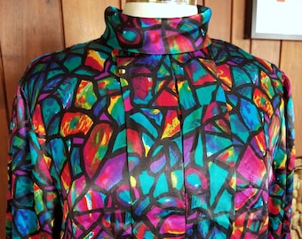 Rainbow Multicolored Stained Glass Satiny Turtleneck Blouse by Westbound, Size 12