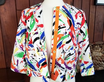 Abstract Splatter Rainbow Paint Strokes Cropped Jacket by Kelly & Diane, Size 14