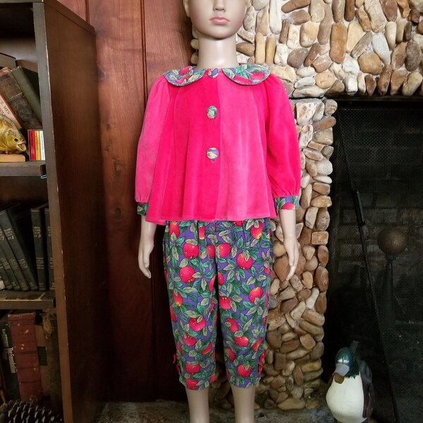Velvety Corduroy Two-Piece Outfit with Pink Top and Apple Print Pants by Mufflings, Size 2T