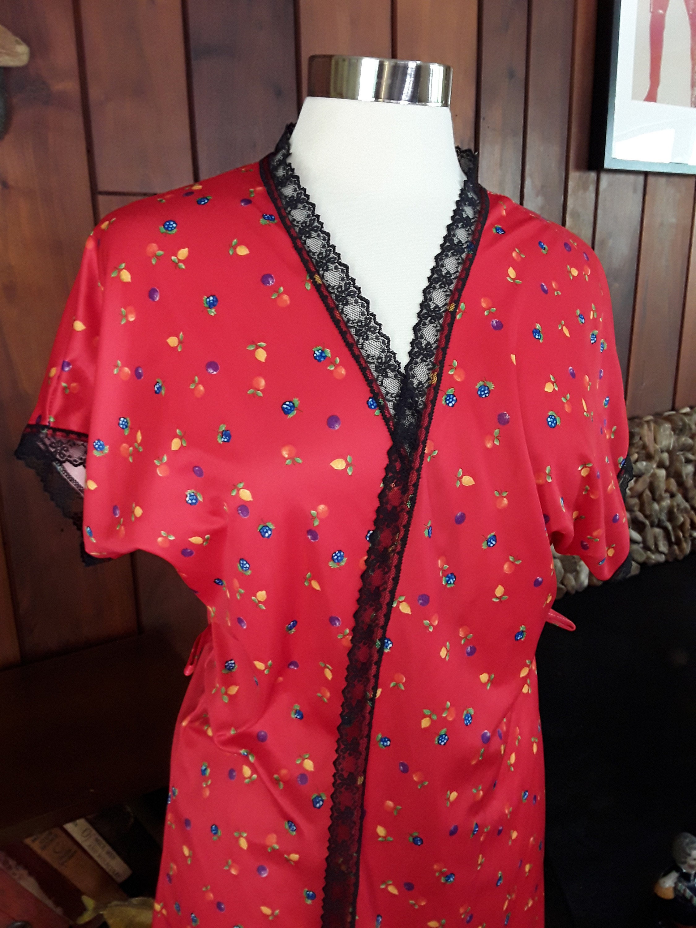 Silky Red Fruit Print Robe With Black Lace Trim Tag Etsy