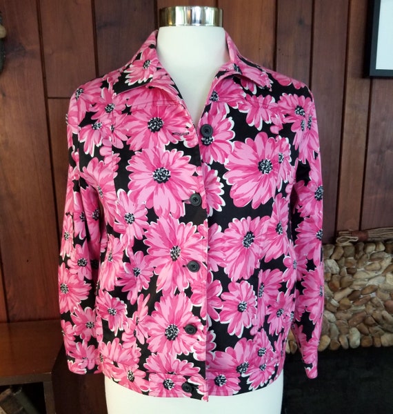 Black and Pink Daisy Jacket with Beaded Flowers b… - image 2