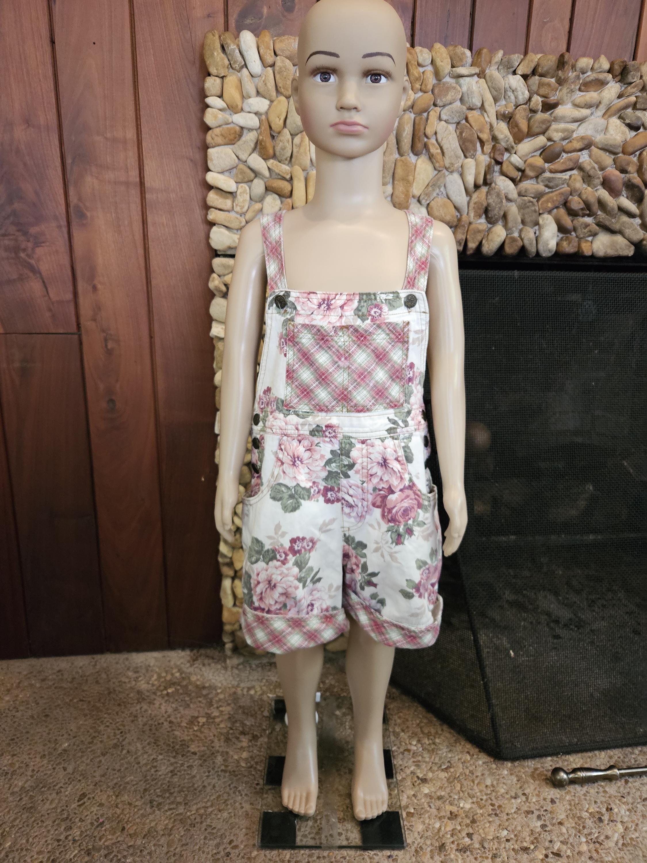 Grunge Plaid and Rose Print Girls' Cottagecore Overalls by Fame, Size 7