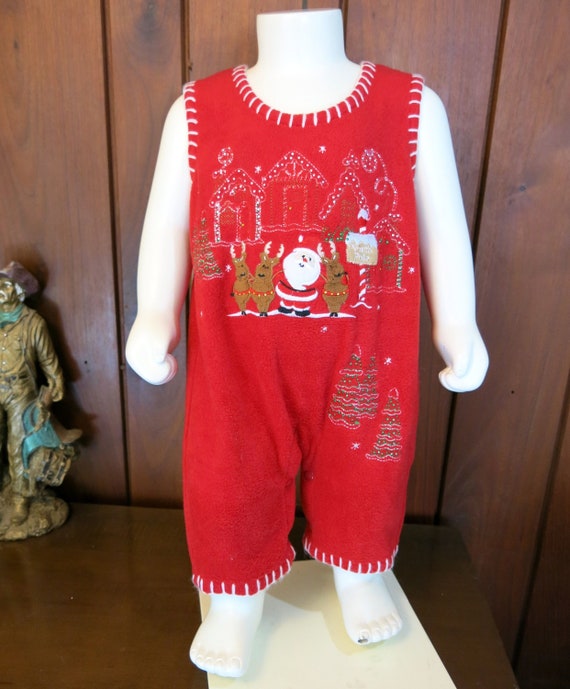 Red Fleece Baby Romper with Rhinestone Christmas S