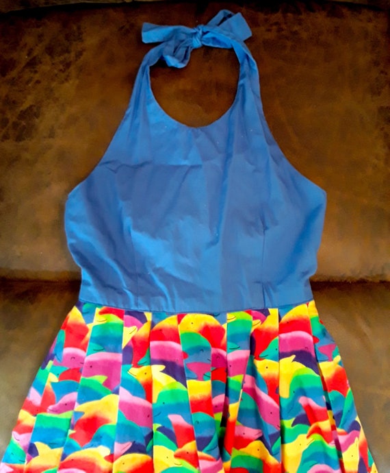 Blue and Rainbow Dolphin Halter Dress, Homemade, … - image 7