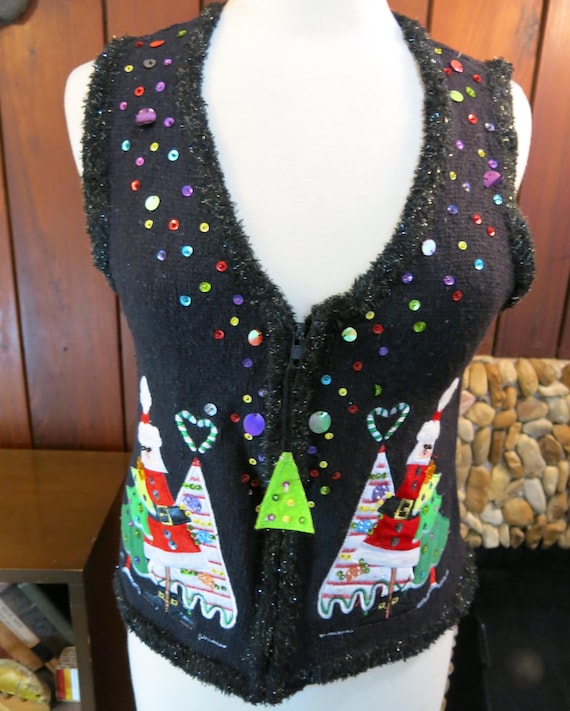 Sparkly Colorful Vest with Triangular Santas and … - image 1