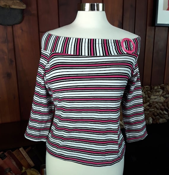 Pink, Black, and White Striped Off-the-shoulder 80s Top by MKM Designs 