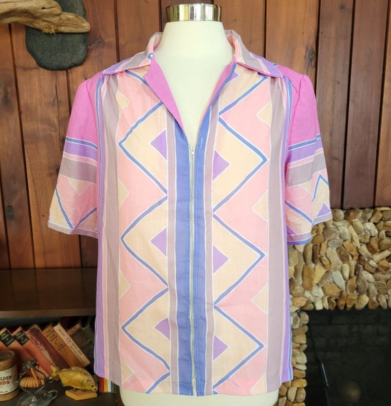 Pastel Geometric Zipper-Front House Shirt Blouse,… - image 1