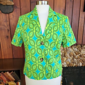 Ladies Short Sleeve Teal and Lime Green Geometric Blazer by Coldwater Creek, Size 4-6