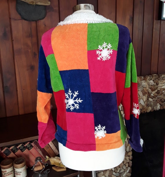 Colorful Patchwork Style Sweater with Snowflakes … - image 3