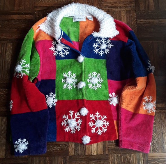 Colorful Patchwork Style Sweater with Snowflakes … - image 7