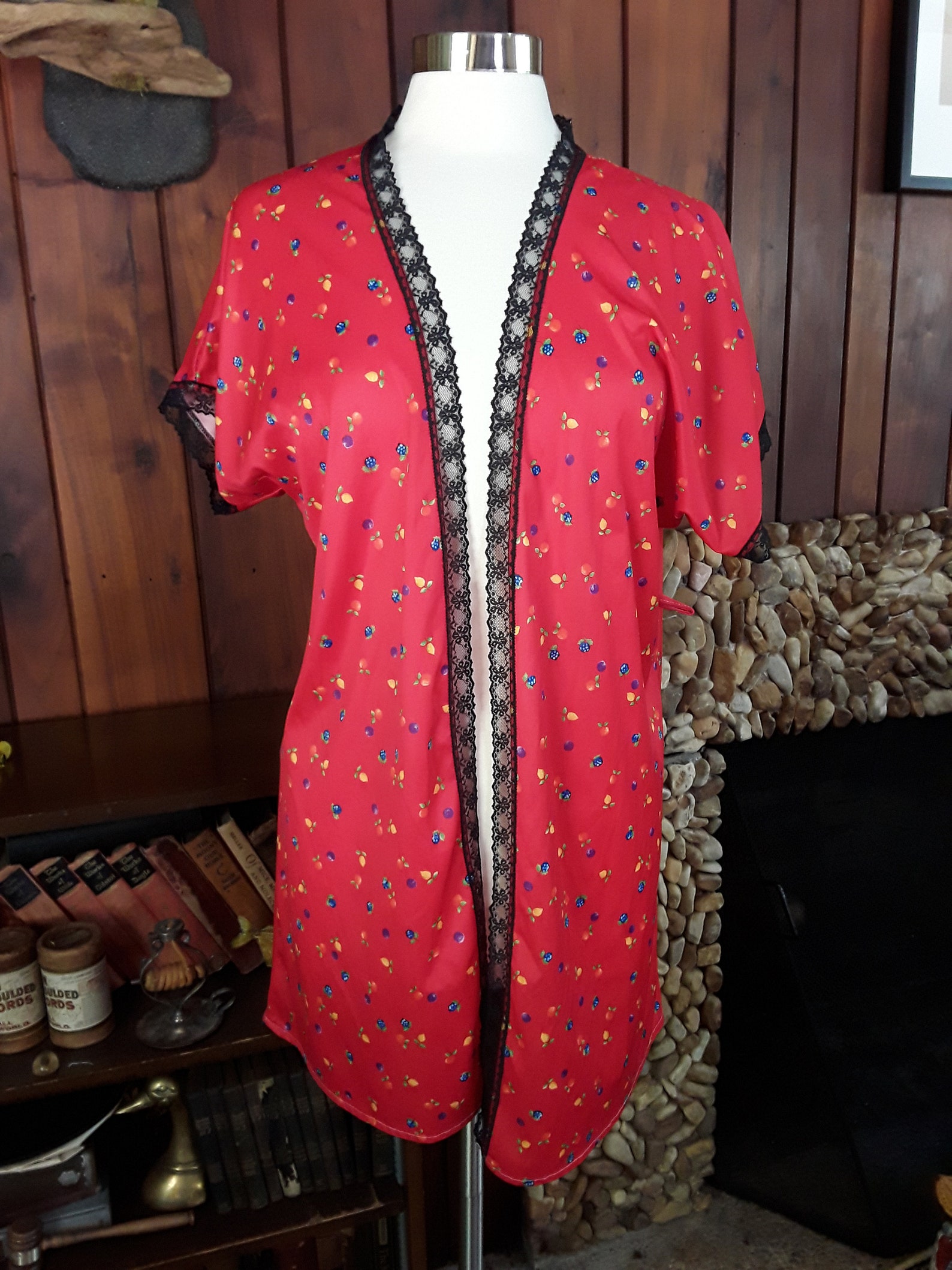 Silky Red Fruit Print Robe With Black Lace Trim Tag Etsy