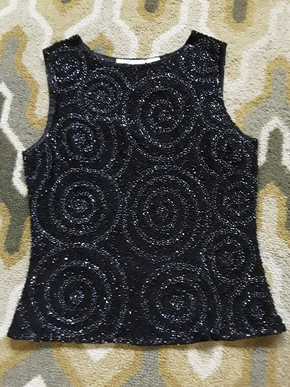 Black Spiral Beaded Tank Top by Scala, Size Small