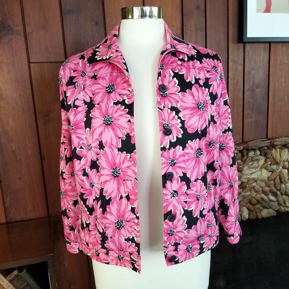 Black and Pink Daisy Jacket with Beaded Flowers b… - image 1
