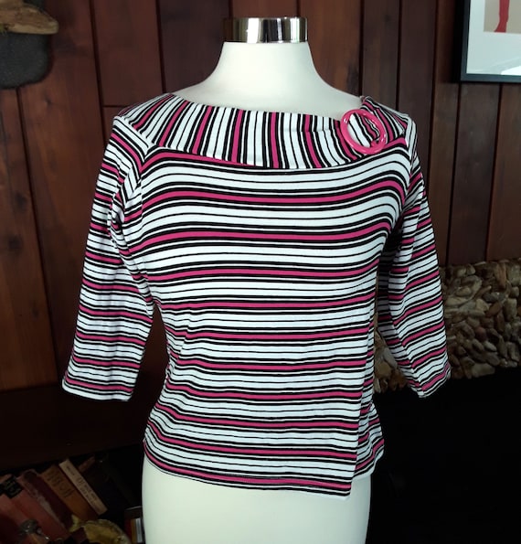 Pink, Black, and White Striped Off-the-shoulder 80s Top by MKM