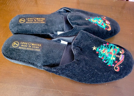 Black Velvet Slipper Clogs with Embroidered Chris… - image 2