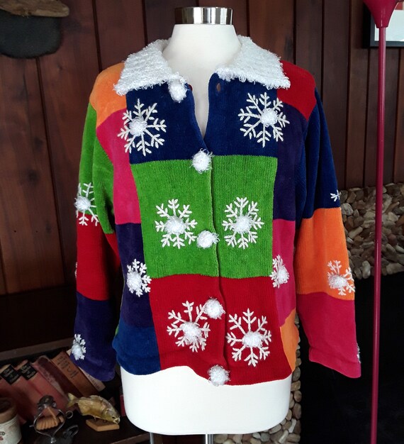 Colorful Patchwork Style Sweater with Snowflakes … - image 1