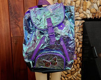 Incredibly Rare Hard To Find Purple Holographic Iridescent Lisa Frank Backpack with Puffy Rainbow Butterfly, DAMAGES