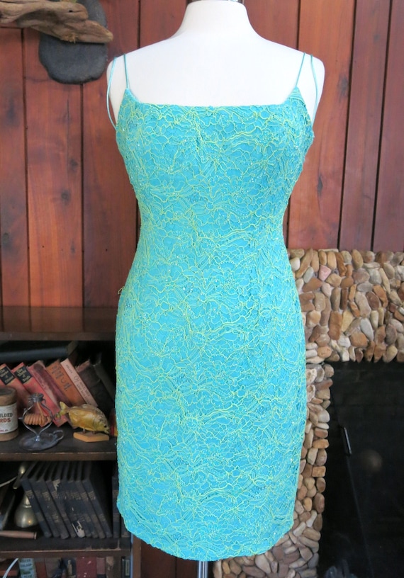 Blue and Green Beaded Lace Mini Dress with Spaghetti Straps by Carmen Marc Valvo Signature, Size 4