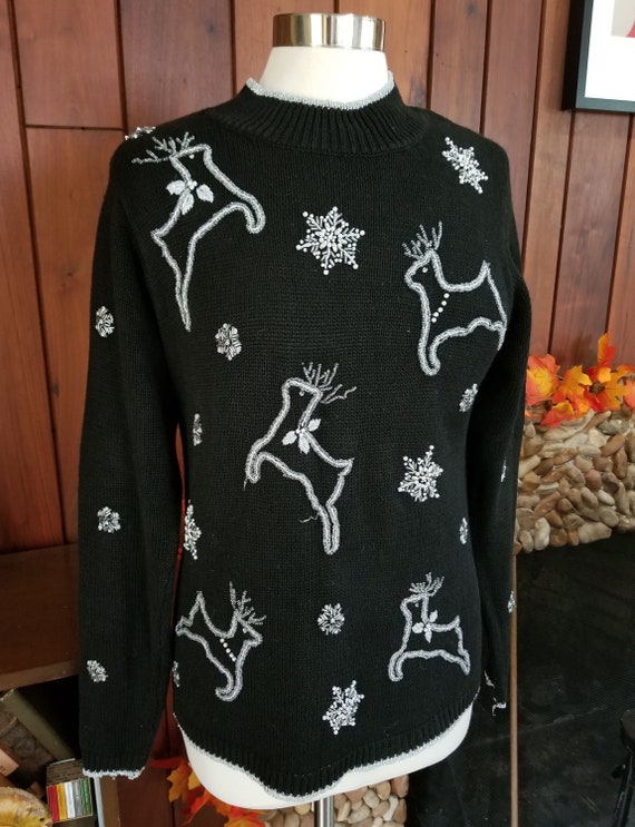 Black and Silver Reindeer Sweater with Beaded Snow