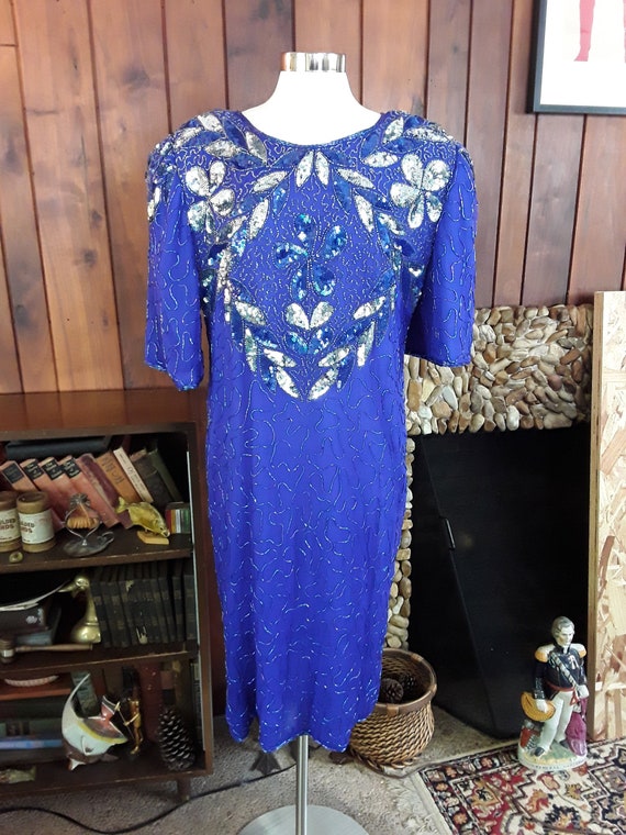 Fully-Beaded and Sequined Blue and Silver Dress by