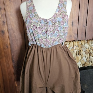 Vintage 1990 Girl Scout Romper, Brownie Girl Scout Uniform with Pink Purple and Brown Floral Top, Girls&#39; 16 1/2