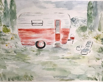 Camper Painting - Original Camper Art - Red Camper Painting - Oregon Art - Camping Gift - Red Camper Art