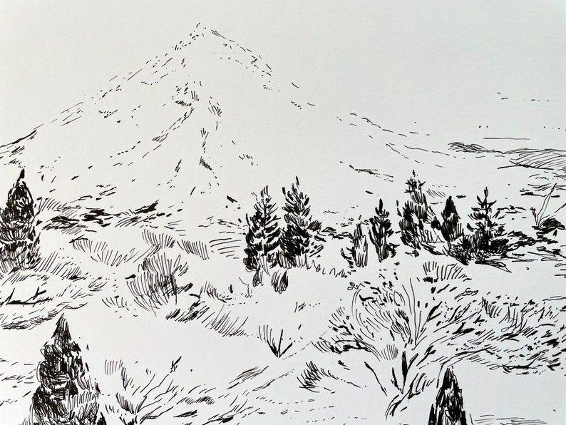 Mount Hood Drawing Ink Landscape Drawing Original Drawing Etsy